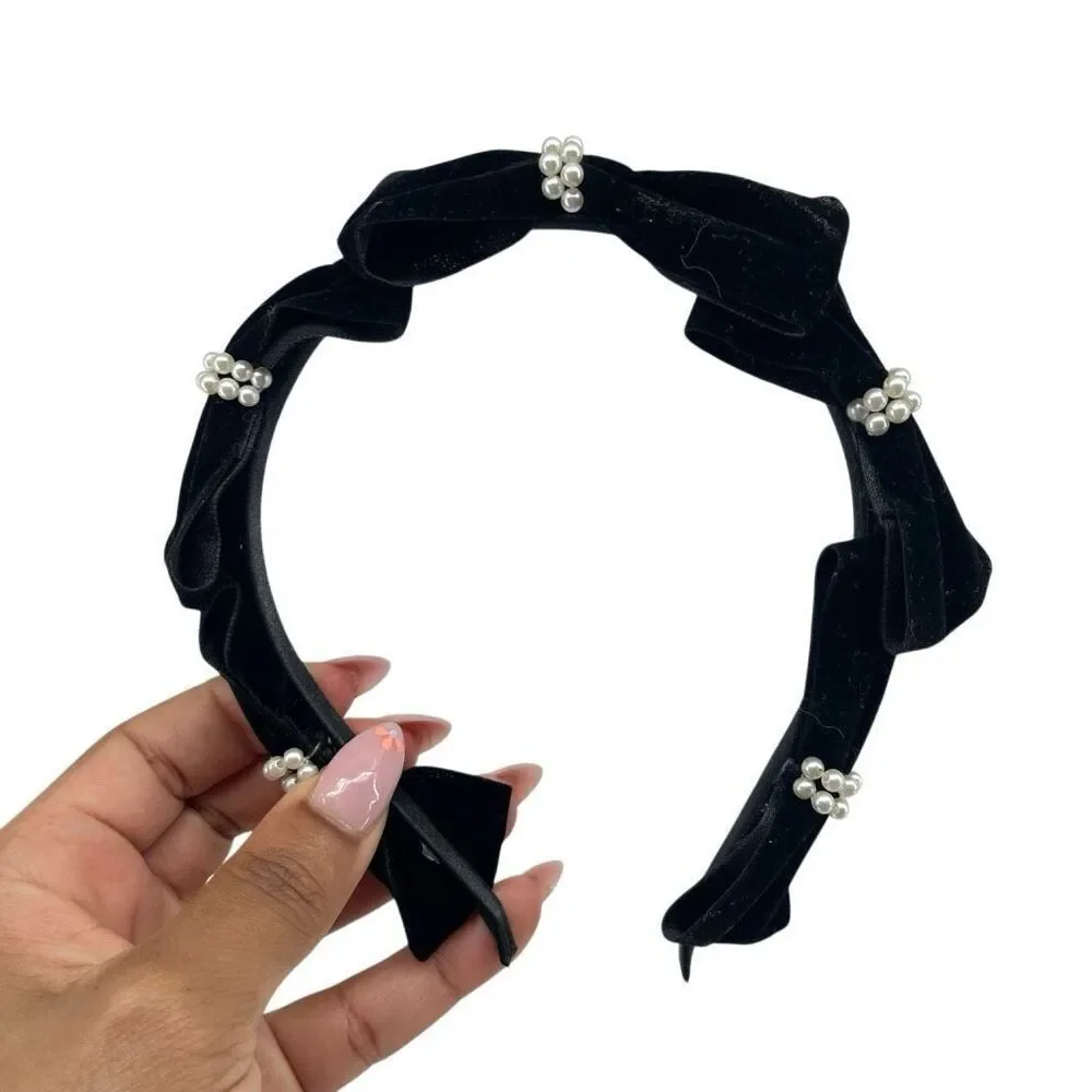 Black Velvet Bow Headband Pearl Embellished Feminine Coquette Hair Accessory